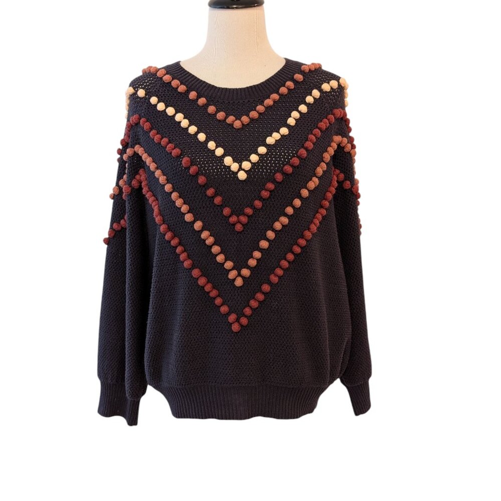 The Great Womens Size 2 (M) Navy Blue Knit Bobble Pompom Pullover Sweater Flaw